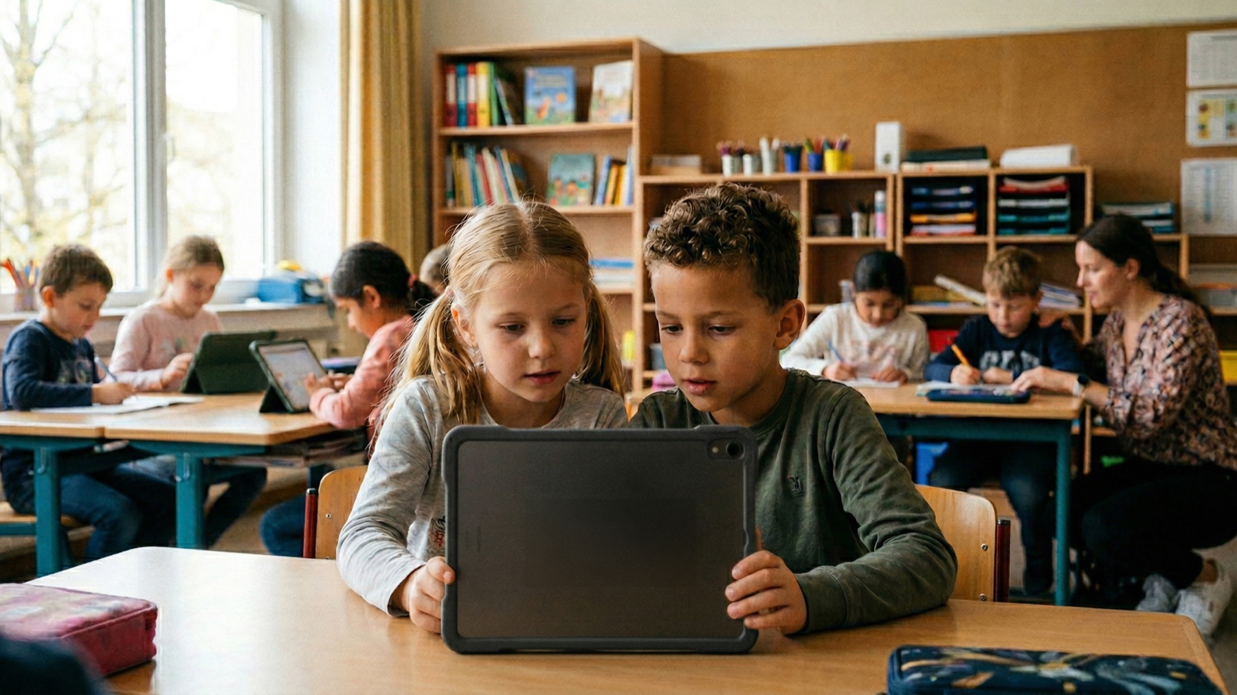 Kinder arbeiten im Klassenraum mit einem Tablet
